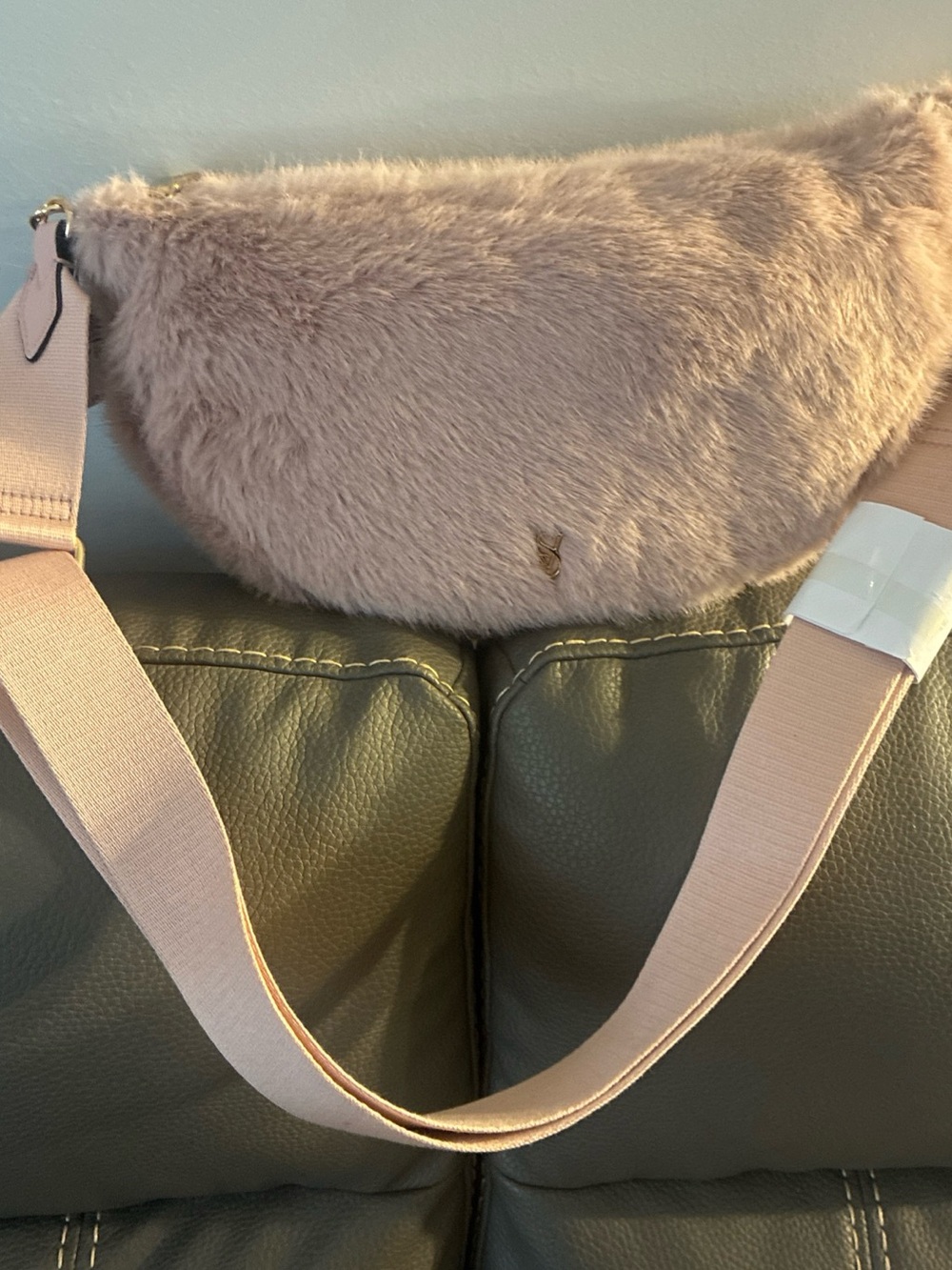 Victoria's Secret Blush Faux Fur Crossbody Belt Bag with Gold Accent